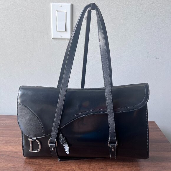 Vintage Christian Dior Patent Leather Saddle Flap Shoulder Bag - Picture 1 of 12
